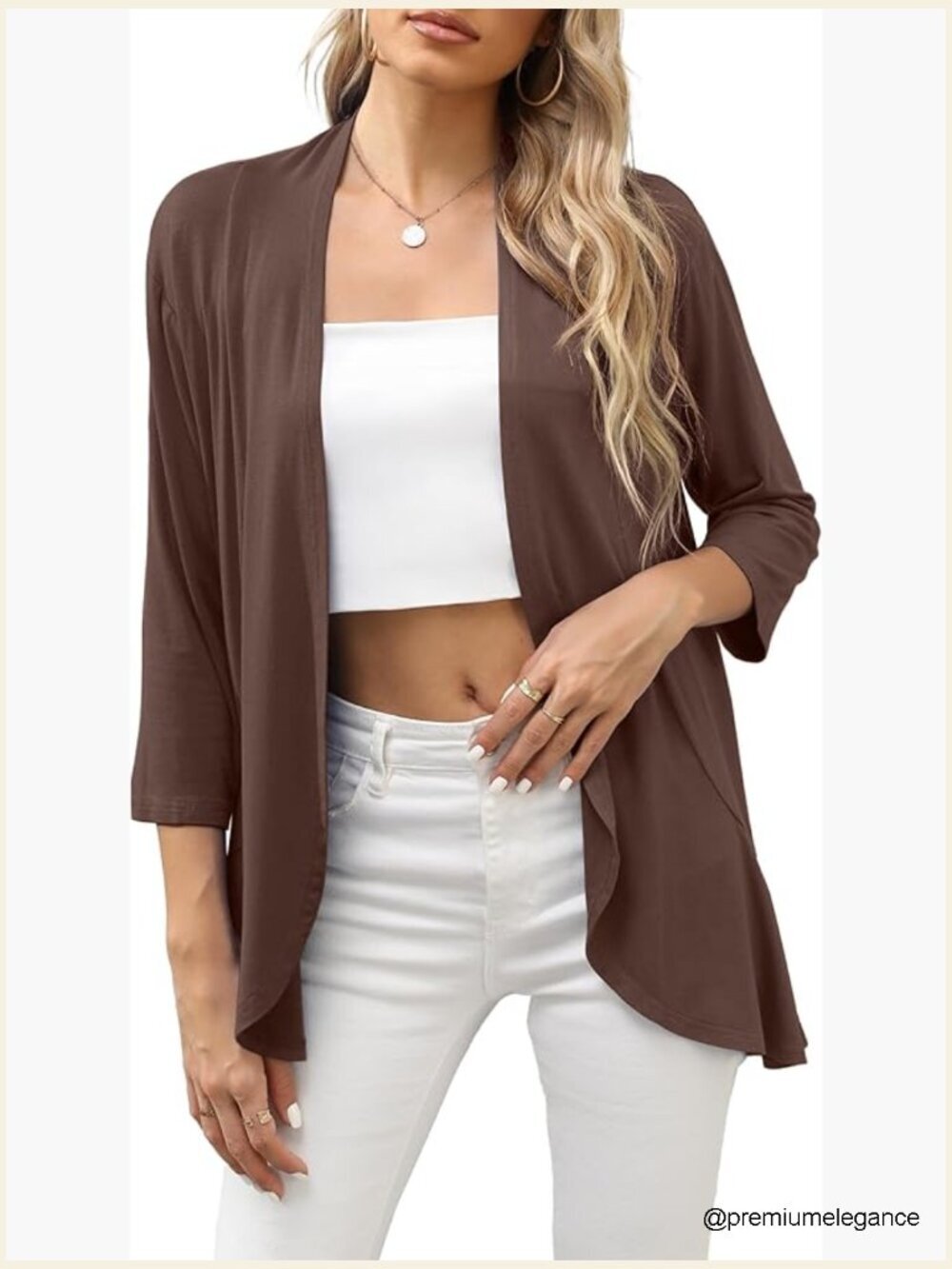 Lightweight Open Front Cardigan 3/4 Sleeve Ruffled Hem Shawl Collar Soft Knit
